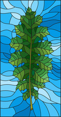Illustration in stained glass style with green leaf on blue background