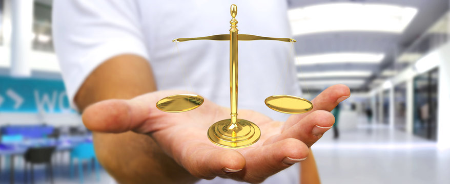 Businessman with justice weighing scales 3D rendering