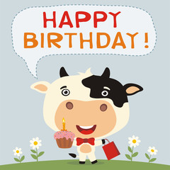 Happy birthday! Funny cow with birthday cake and gift. Birthday card with cow in cartoon style.