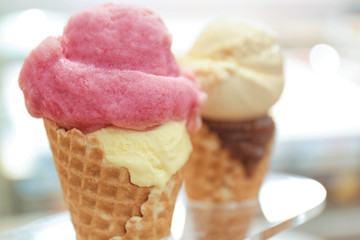Waffle cones with ice cream in holder, closeup