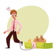 Young man with leg chained to bundle of banknotes, money dependence concept, cartoon vector illustration with space for text. Man with foot chained to bundle of money, financial dependence