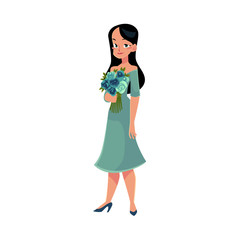 Beautiful woman, girl, bride with long black hair holding bunch of roses, cartoon vector illustration isolated on white background. Full length portrait of happy girl, woman with bunch of rose flowers