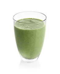 Glass of kiwi yogurt smoothie on white background