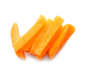 Heap of fresh baby carrot slices on white background