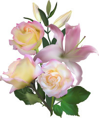 Fototapeta na wymiar isolated bunch of cream lily and pink rose flowers