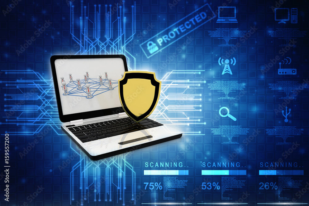 Poster 3d rendering laptop with shield