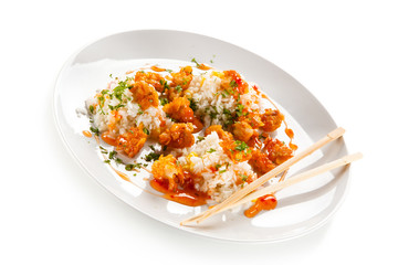 Chicken nuggets with rice on white background 