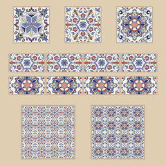 Vector set of Portuguese tiles and borders. Collection of colored patterns for design and fashion