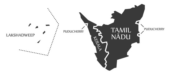 Fototapeta na wymiar Lakshadweep Island - Puducherry - Kerala - Tamil Nadu Map Illustration of Indian states