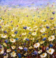 Original oil painting of flowers,beautiful field flowers on canvas. Modern Impressionism.Impasto artwork. © weris7554