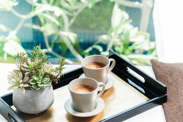 coffee cup in the morning on the bed background