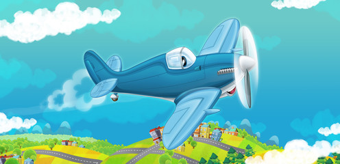 Naklejka na ściany i meble cartoon happy traditional plane with propeller smiling and flying over city