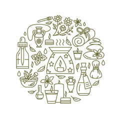 Aromatherapy and essential oils brochure template, circle poster. Vector line illustration of aroma therapy diffuser, oil burner, spa candles, incense sticks, herbal bag massage.