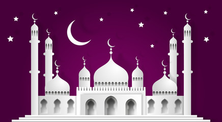 3d mosque and crescent moon with stars - islamic background - paper craft style - vector