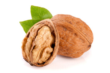 Walnuts with leaf isolated on white background