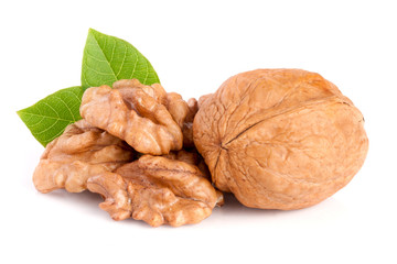 Walnuts with leaf isolated on white background