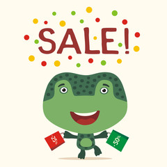 Poster seasonal sale. Funny frog runs with packs for sale. Banner for sale of products  children with frog in cartoon style.