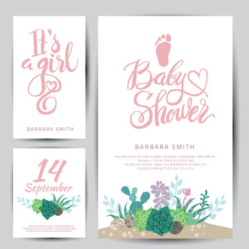 Vector baby shower sticker with succulents.