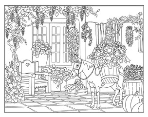 Coloring page  The donkey with sunflowers at the garden