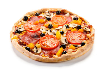 Pizza pepperoni with tomatoes, mushrooms and olives