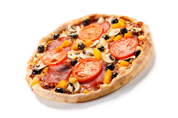 Pizza pepperoni with tomatoes, mushrooms and olives