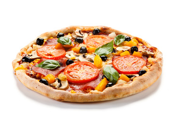 Pizza pepperoni with tomatoes, mushrooms and olives