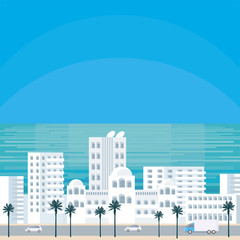 Abstract image of the southern seaside city. A city landscape with buildings, palm trees and a view of the sea. Vector background.