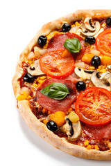 Pizza pepperoni with tomatoes, mushrooms and olives