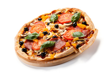 Pizza pepperoni with tomatoes, mushrooms and olives