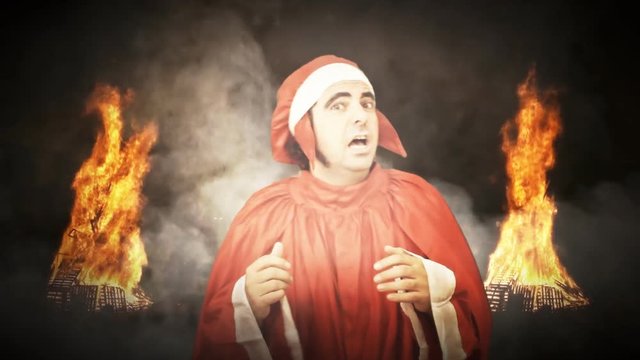 A man in Hell with burning fire and smoke clouds: Dante Alighieri, the 13th century Italian Poet (a dressed up actor). He is scared and fainting.
