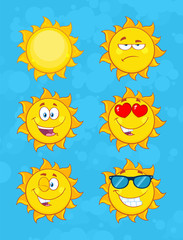 Yellow Sun Cartoon Emoji Face Character Set 1. Collection With Blue Background