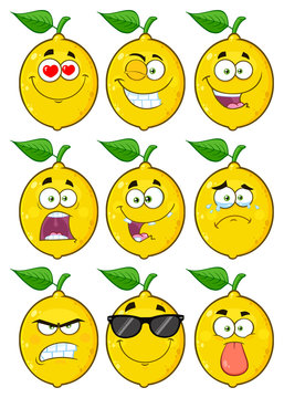 Yellow Lemon Fruit Cartoon Emoji Face Character Set 1. Collection Isolated On White Background