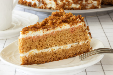 Slice of honey cake. Light background. Selective focus.