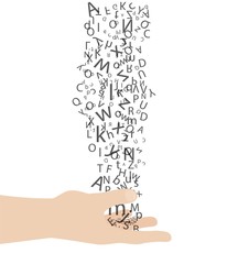 illustrazione vettoriale di lettere dell'alfabeto che cadono su una mano