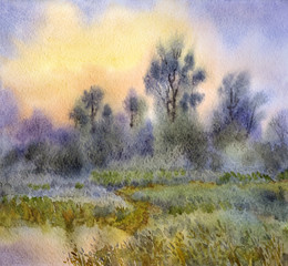 Obraz na płótnie Canvas Watercolor landscape. Sunrise over woods and meadows