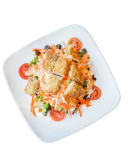 fish salad in dish isolated white background.