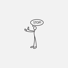 Cartoon icon of sketch little stick man making stop sign