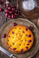 Cherry Cake. Assortment ingredients and cherry cake in retro style.