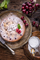 Cherry Cake. Assortment ingredients and cherry cake in retro style.