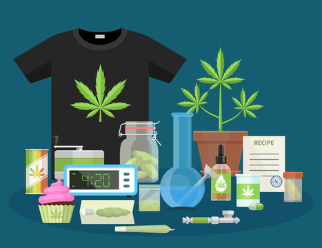 Marijuana and smoking equipment flat icons, Illustration of medical cannabis ganja growing and accessories cartoon vector illustration