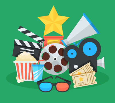 Cinema and movie cartoon illustration. Awards, tickets,  megaphone and other colorful objects flat vector icons collage.