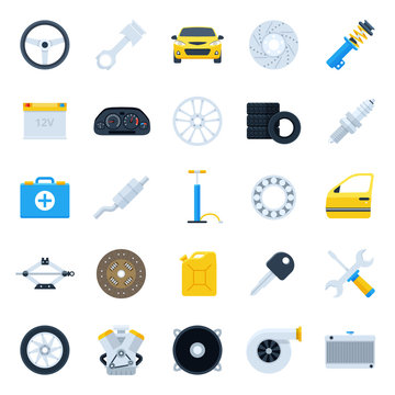 Car service cartoon icons set. Repair and maintenance Illustration. Colorful flat vector illustrations of  car parts