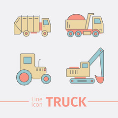 Fototapeta na wymiar Machines, thin line style. Truck icon.