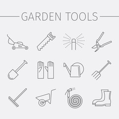 Garden tools line icons set.