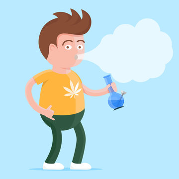 Happy young man in t-shirt with cannabis print and bong in the hand smoking marijuana. Colorful vector character illlustration