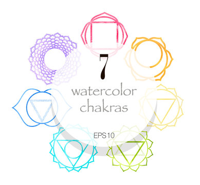 Seven watercolor shakras set