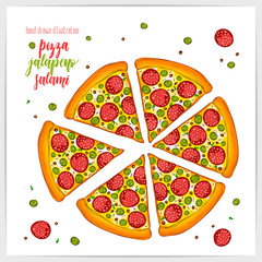 Vector illustration of appetizing pizza with salami and jalapeno. Colorful and tasty.