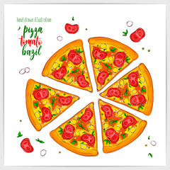 Vector illustration of appetizing pizza with tomatoes and basil. Colorful and tasty.