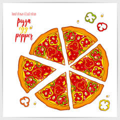 Vector illustration of appetizing pizza with eggs and peppers. Colorful and tasty.
