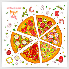 Vector illustration of appetizing pizza slices with different toppings . Colorful and tasty.